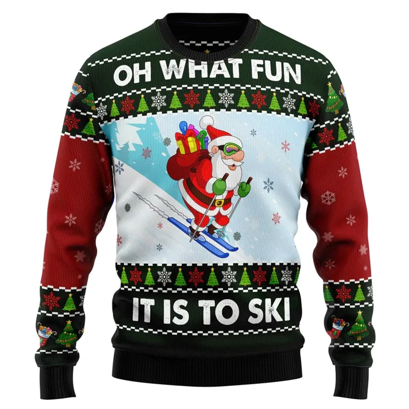 Fashion Skiing Santa Graphic Ugly Christmas Sweater For Men Trendy Streetwear 3D Printed Xmas Sweatshirts Loose Holiday Pullover