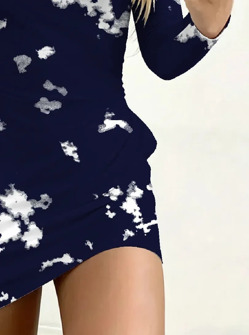 Autumn Casual Elegant Women's round Neck Long Sleeve Dress with White Printed Pocket Waist Cinching Mini Skirt Length