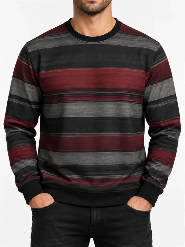 Vintage stribet sweatshirt med rund hals til mænd Casual langærmet trøje Farveblok Efterår Streetwear Hverdagsmode Klassisk top