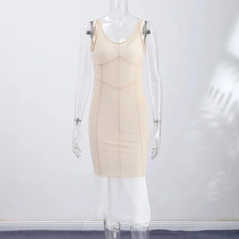 Sexy Mesh Cover Up Maxi Dress Women Sleeveless Lace-trim Waist-cinching Dress 2026 New Ladies Summer Beach Party Vacation Outfit