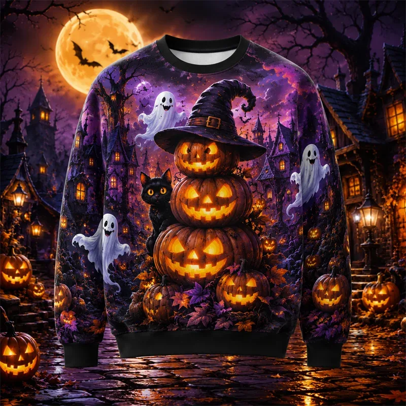 2026 New Pumpkin Print Halloween Sweatshirts Fashion Trendy Long Sleeve Holiday Wear Sweater Loose Streetwear Hip Hop Pullovers