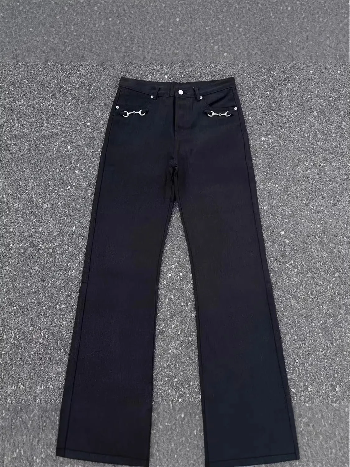 American Retro Buckle Design Spring Autumn Washed Black Micro-Flare Jeans Men High-Waisted Hip-Hop Loose Wide Leg Jeans Unisex