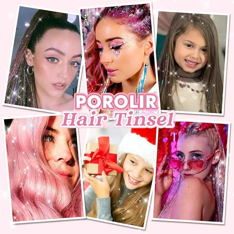 12Pcs Clip Hair Tinsel Clip in Glitter Tinsel Hair Extensions Synthetic Heat Resistant Shiny Sparkle Hair Tinsel for Women Girls