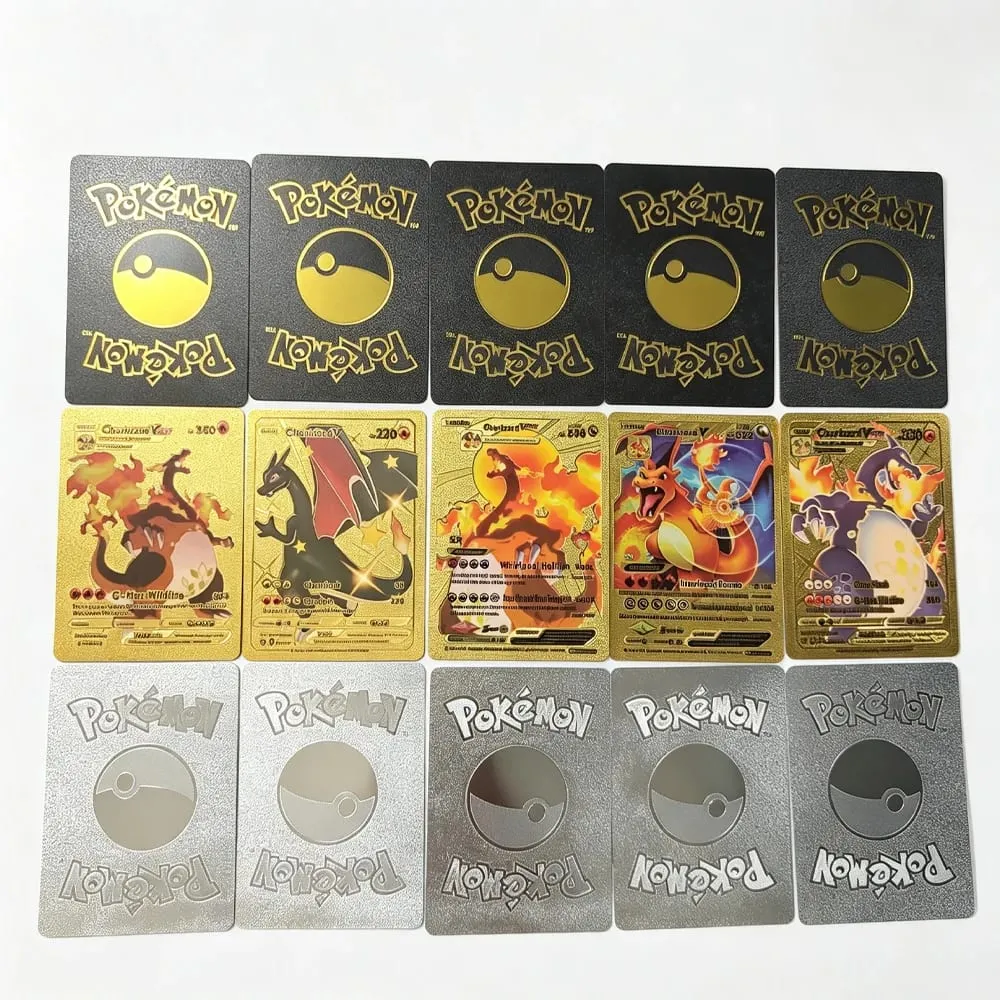 English 10-55Pcs Pokémon Gold Foil Cards Golden Letters English Game Card Charizard Vmax Gx Series Gift