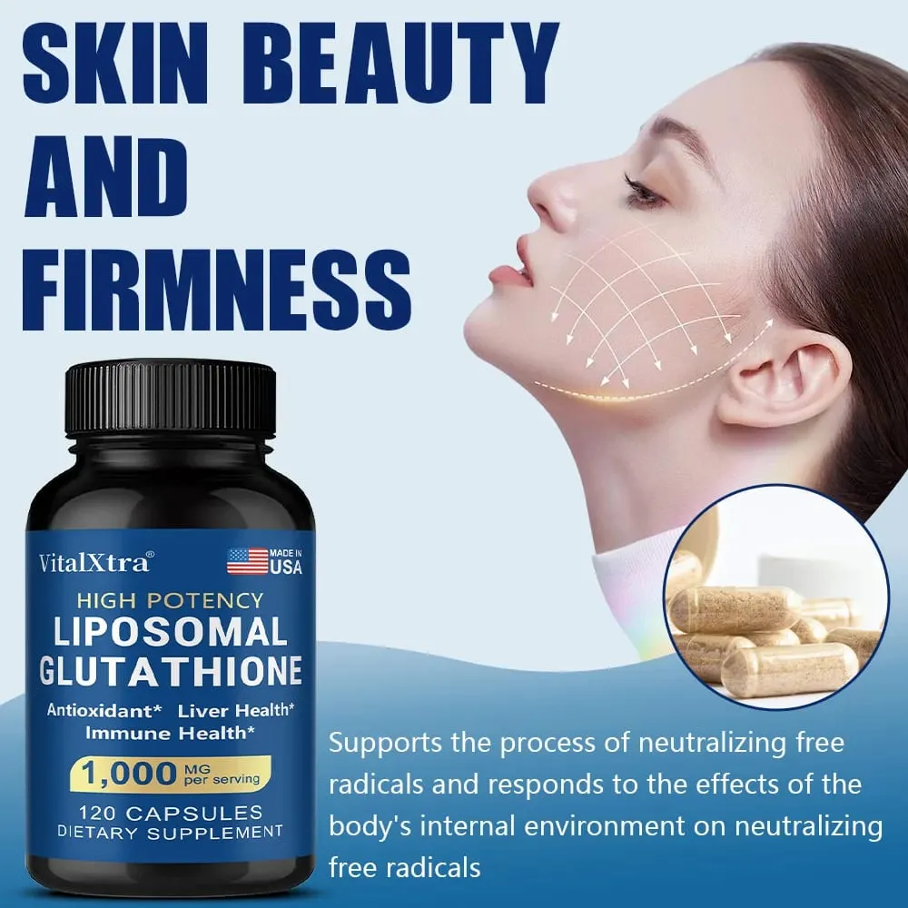 Liposomal Glutathione 1000mg - Vitamin C Antioxidant Supports Liver Immune Brain & Skin Health Enhanced Absorption