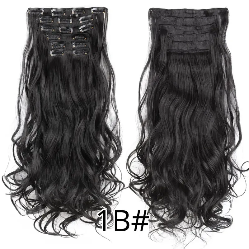 Black Clip In Extensions Straight 22" Long Synthetic Thick Clips On Hair Piece For Women 6Pcs/Set Curly Full Head Weddings Daily