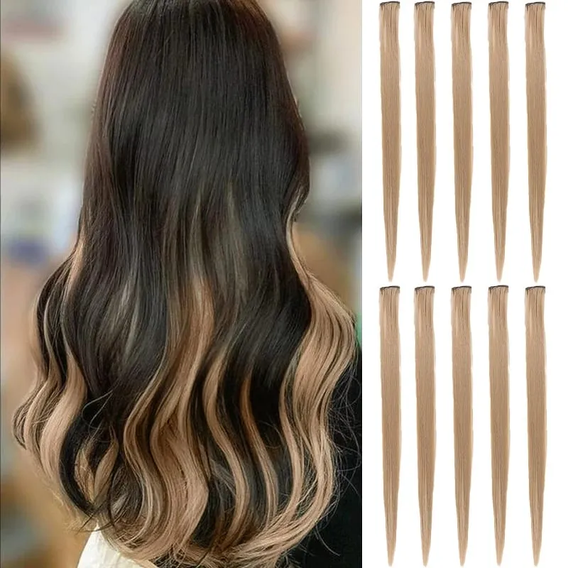 10Pcs Pink Clip in Hair Extensions Party Highlights Wig Synthetic Colored Straight Hairpiece for Girls Kids Christmas Party Use