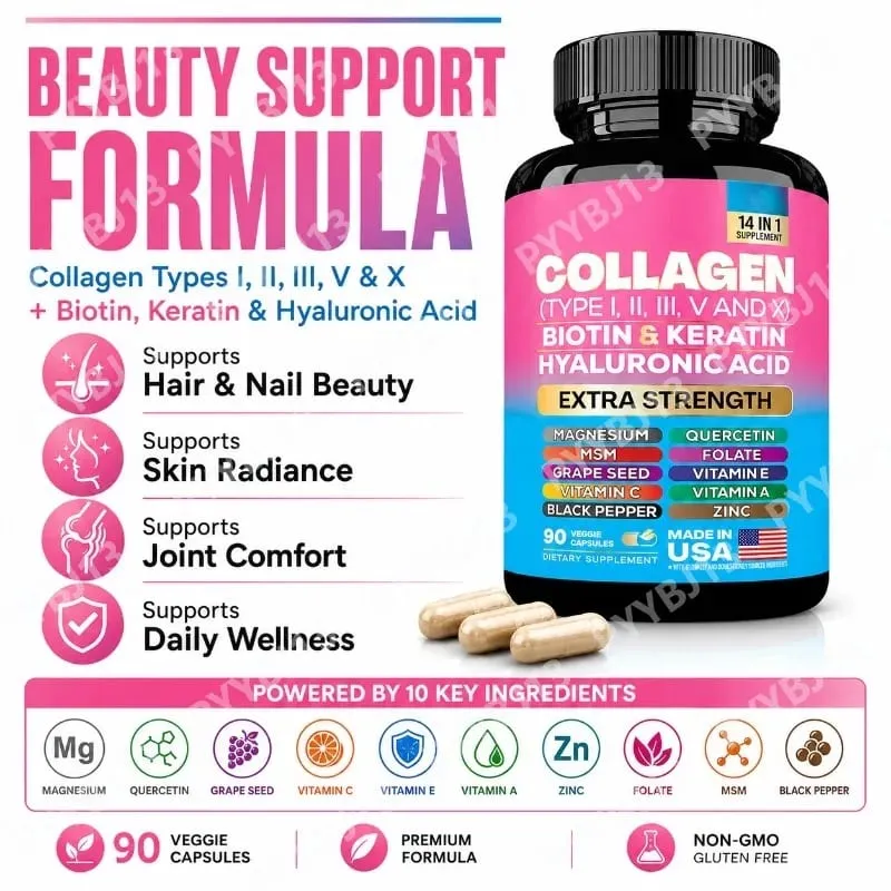 Collagen Biotin Keratin Hyaluronic Acid Capsules Extra Strength with Vitamins A C E and Zinc Skin Health 90 Capsules