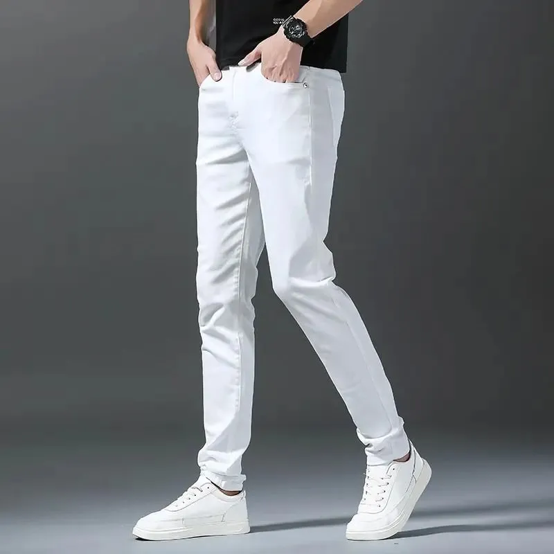 Mens Straight Elastic Waist Jeans 2025 Autumn Winter Fashion Brand Comfortable Versatile Pants Slim Fit White Jeans High Street