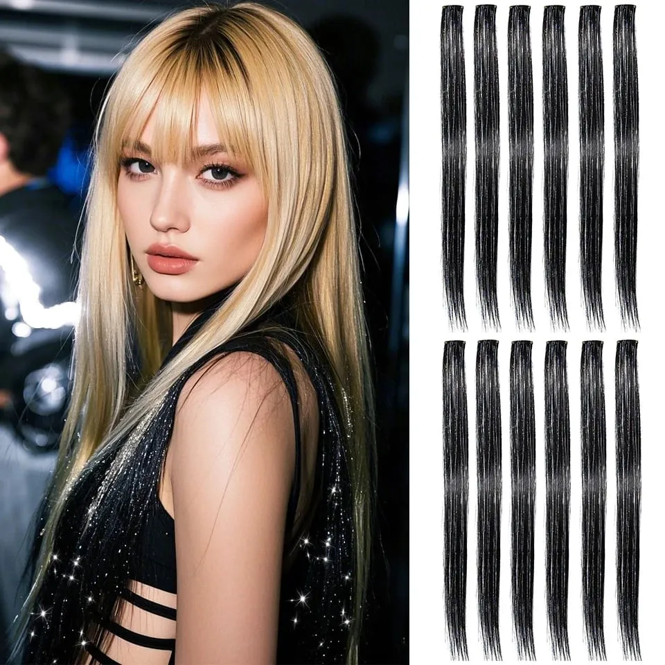 Synthetic Clip in Hair Extensions 12pcs/pack Clip in Colorful Hair Mixed Tinsels Glitter Hairpices for Women Girls Daily Party