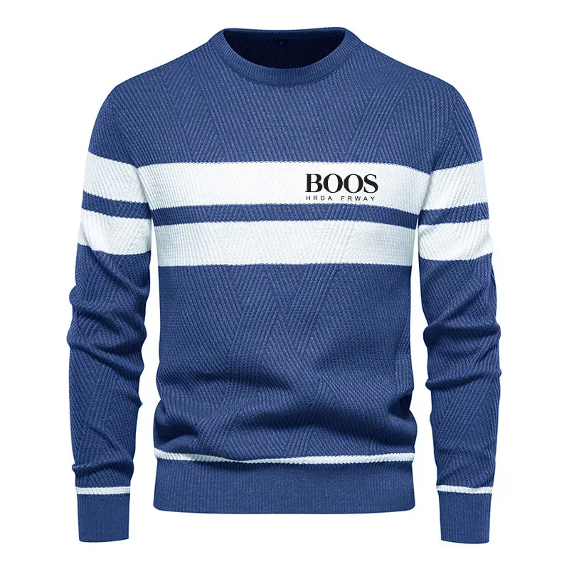 Embroidered Mens Boys Winter Stripe Sweater Thick Warm Pullovers Men's O-neck Basic Casual Slim Comfortable Sweaters