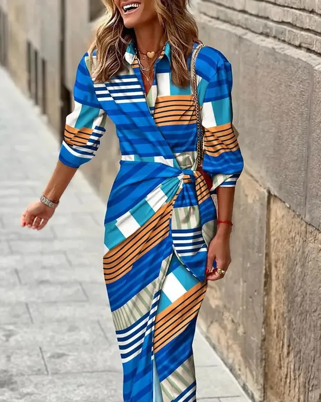 Women Floral Print Lapel Wrap Maxi Dress Three Quarter Sleeve Waist Tie Ruched Split Hem Shirt Dress