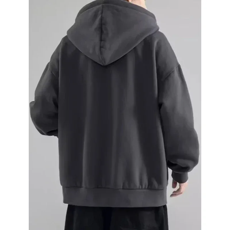 Male Clothes Black Solid Sweatshirt For Men Full Zip Up Hooded Hoodies Winter Young On Sale Offers High Quality Korean Style S