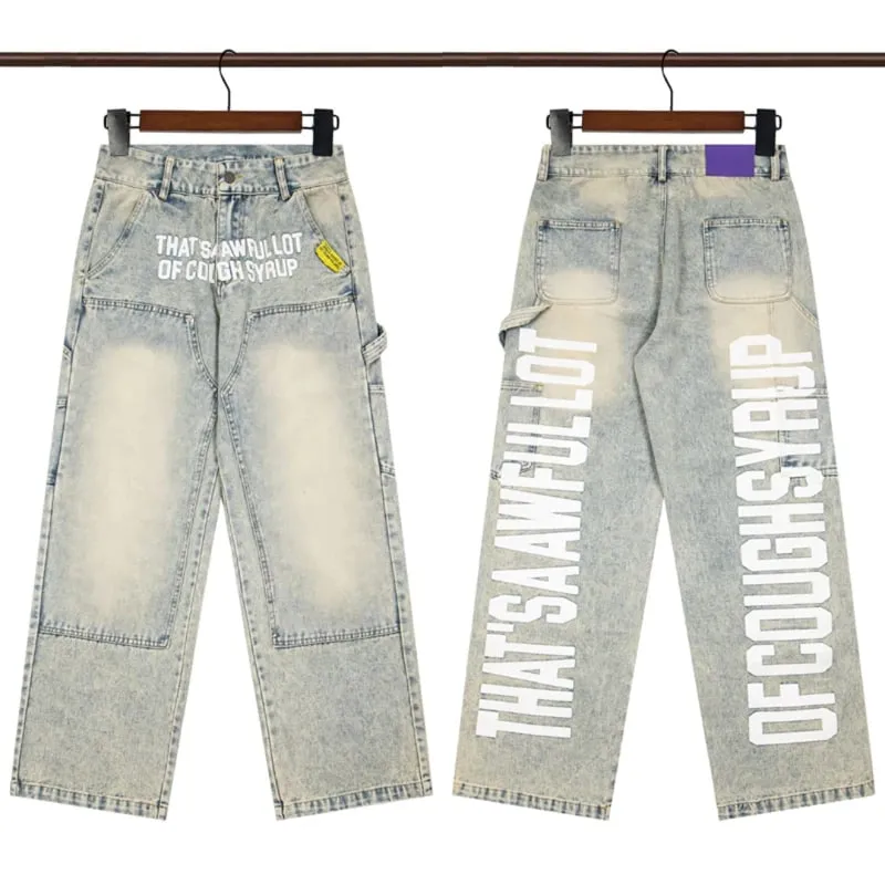 Vintage Trend THAT'S A AWFUL LOT OF COUGH SYRUP Jeans Streetwear Hip Hop Rhinestone Denim Trousers Men Women