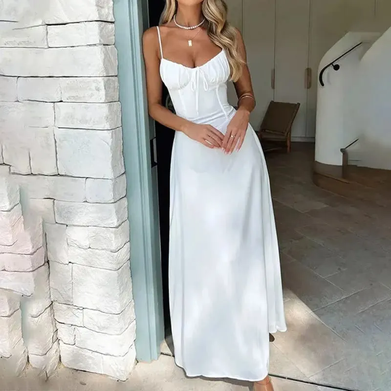 New Women's Elegant Tie-Front A-Line Solid Color Midi Dress Stylish Evening Gown Perfect for Parties and Summer Wear