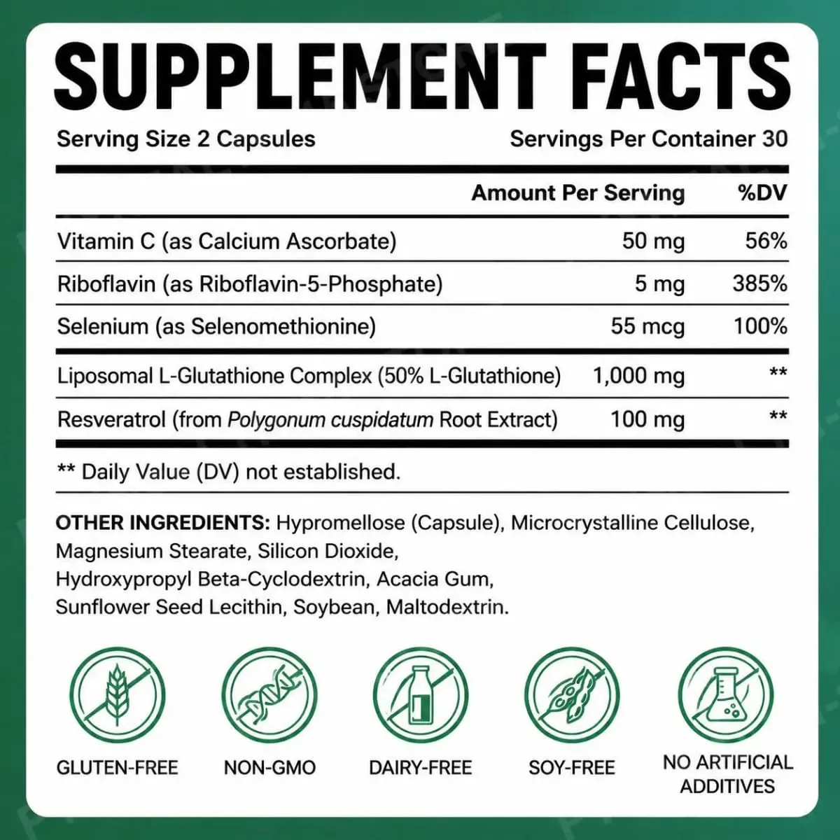 Cápsulas liposomales de L-glutatión con resveratrol, vitamina C, riboflavina y selenio para apoyo inmunológico y antioxidante, 60 unidades