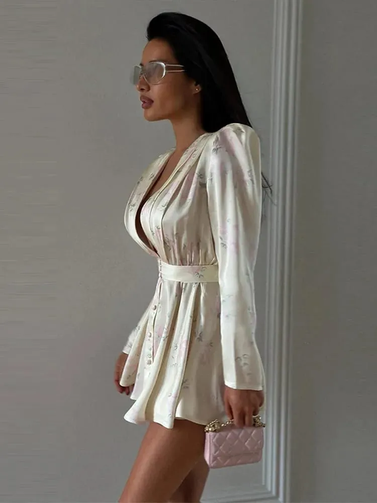 Elegant Printed Waistband Women's Summer Dress Waist Cinched Satin V-neck Puff Sleeve Buttons Dresses 2026 Holiday Short Vestido