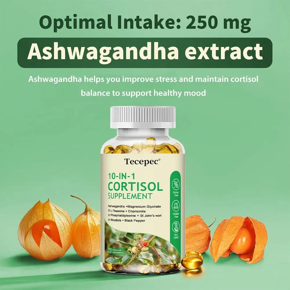 10-IN-1 Cortisol Supplement for Women Men with Ashwagandha Magnesium L-Theanine Balanced Cortisol Levels Night & Calm Support