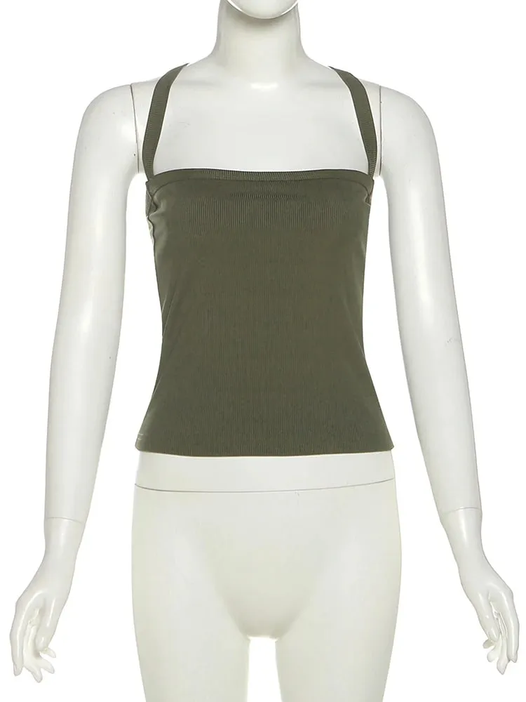 Women Ribbed Knit Camis Top Square Neck Wide Strap Cross Shoulder Strap Slim Fit Crop Tank Top Y2K Streetwear Sporty Daily Vest