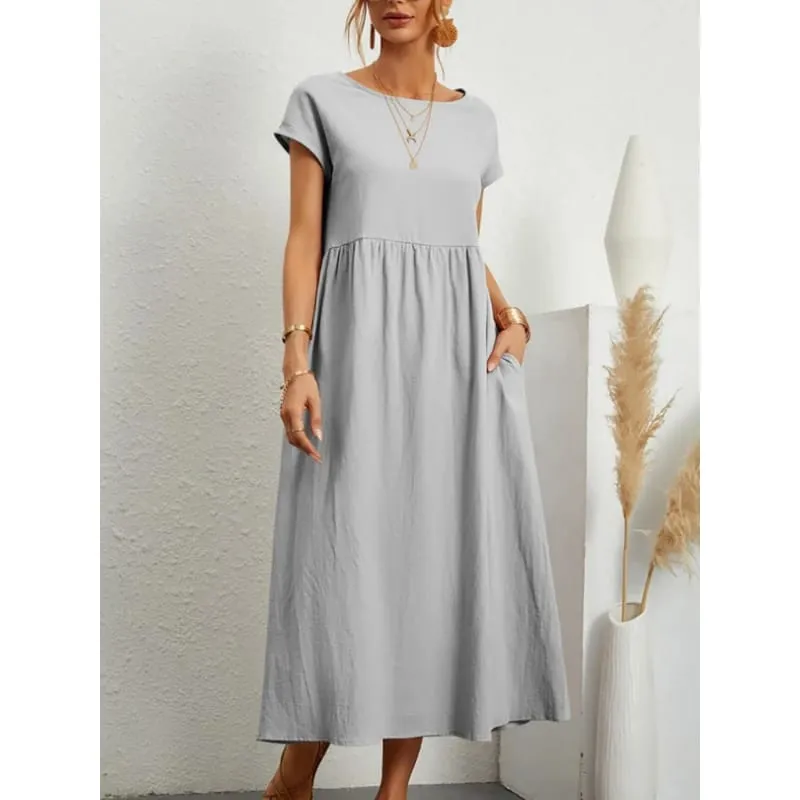 Premium Elegant Solid Cotton Linen Dress Summer Midi with Pockets Loose Fit Casual Crew Neck Short Sleeve for Beach Travel
