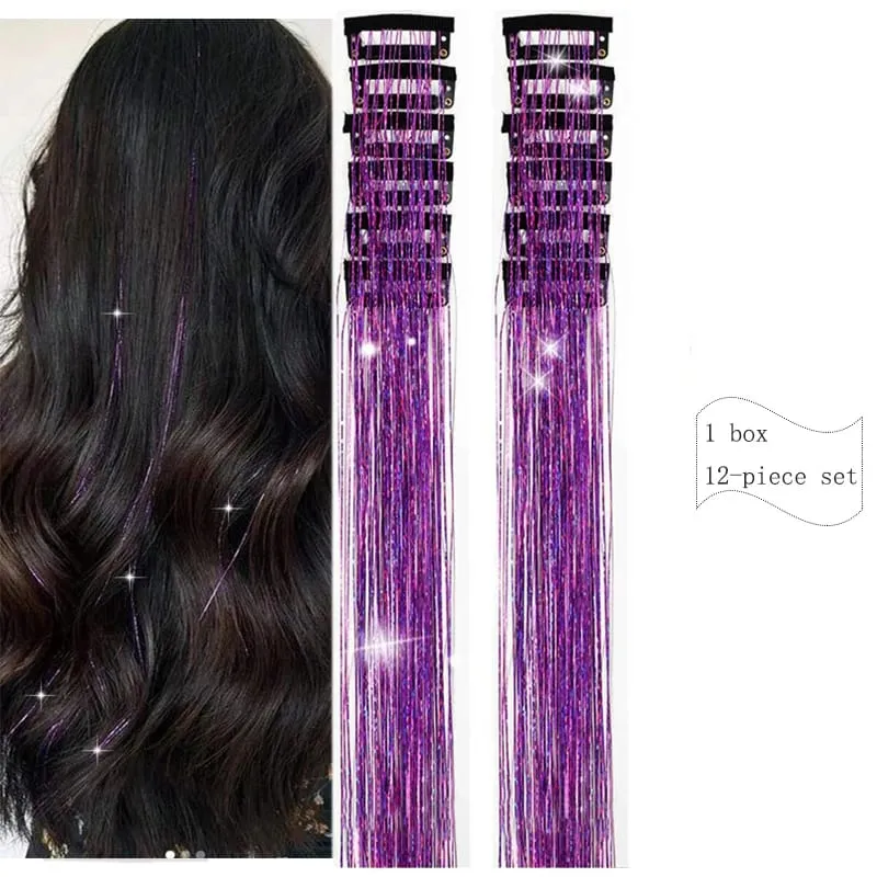 20 Inch Synthetic Hair Extensions -12 Piece Set of Colorful Glitter Hair Accessories Suitable for Girls' Party Birthday Gifts
