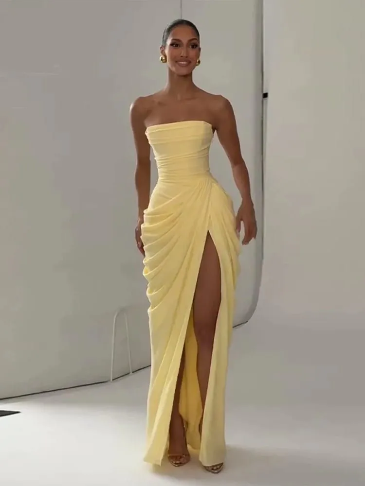 Sexy Solid Pleated Strapless Dress Lady Chic Off-shoulder Backless High Waist Split Dresses Babae 2026 Bagong Evening Party Gown