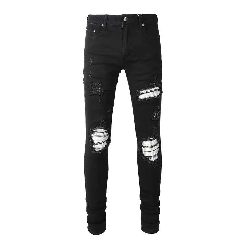 ผู้ชาย Cracked Silver หนัง Patch Biker กางเกงยีนส์ Streetwear Skinny Tapered ยืดกางเกงยีนส์กางเกง Ripped Patchwork กางเกงสีดำ