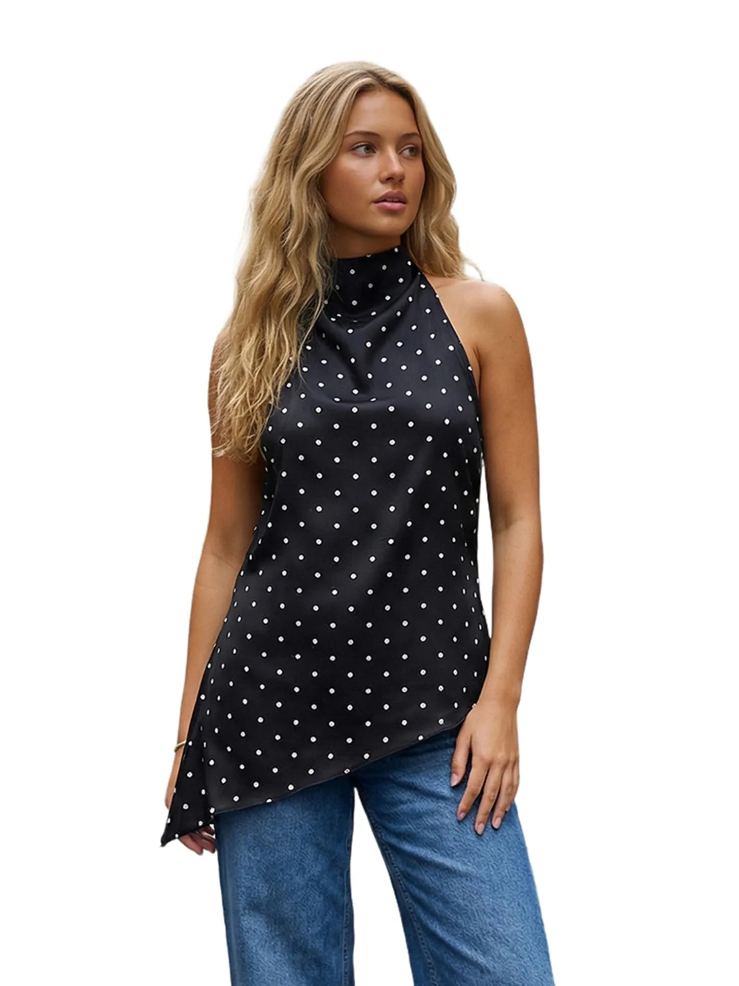 Women Summer Vintage Dot Print Asymmetric Hem Halter Neck Tanks Tops Sleeveless Backless Slim Fits Tunic T-Shirts Streetwear