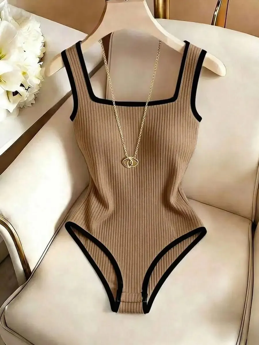 3pcs Women's Ribbed Bodysuit Set Fashionable Black Piped Square Neck Waist-Cinching Style Summer Nightlife Wear Elegant Beach Ou