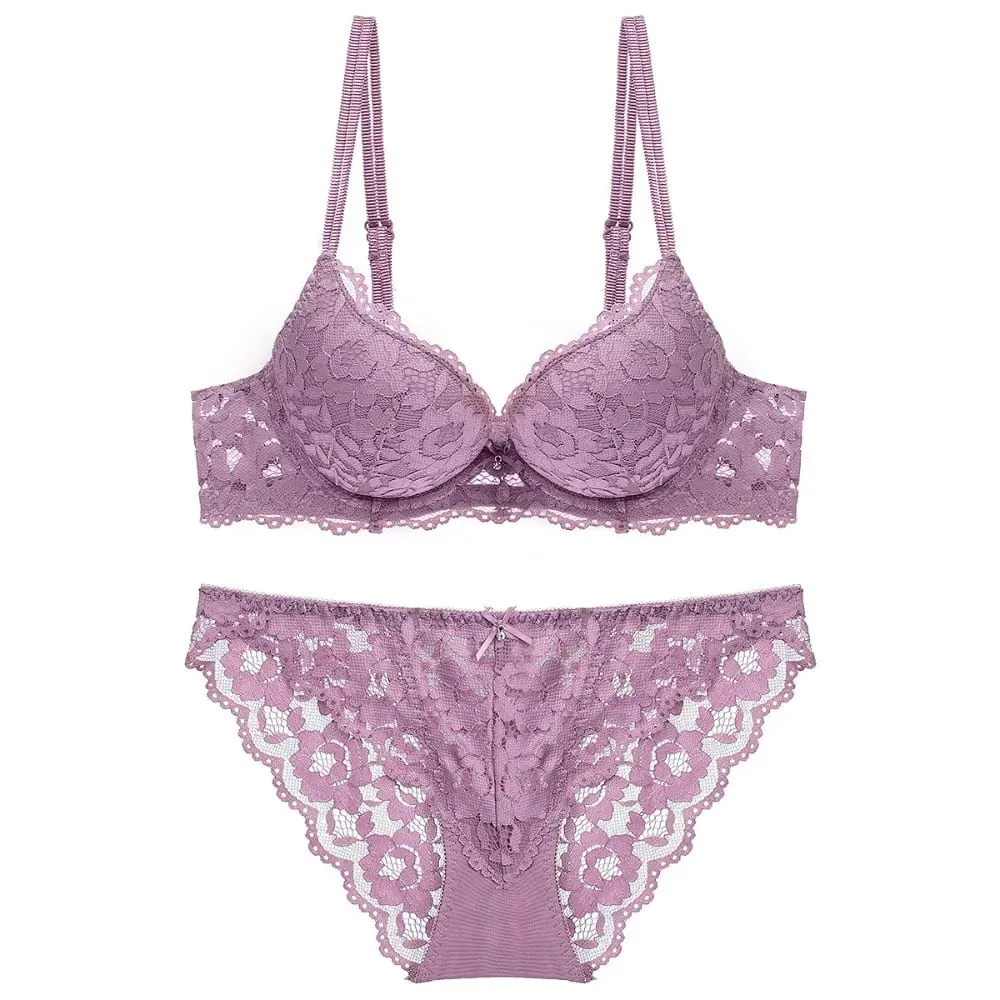 Sweet Mesh Lace Flower Bra Low Waist Bowknot Push Up Bra Women Lingerie Intimates Bra Panties Set Girl