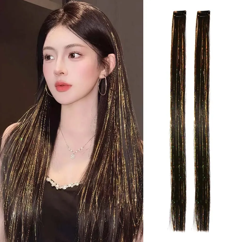 2PCS light brown with tinsel Hair Extensions 24inch Sparkling Hair Clips Multicolored Clip In On Hair Extension Synthetic Hair