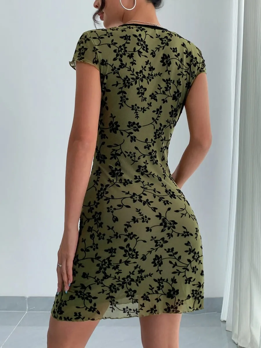Summer 2026 Green Ditsy Flowers Dress Women Floral V-Neck Slim Waist A-line Mini Dress Sexy Dresses Short Sleeve Casual 64051