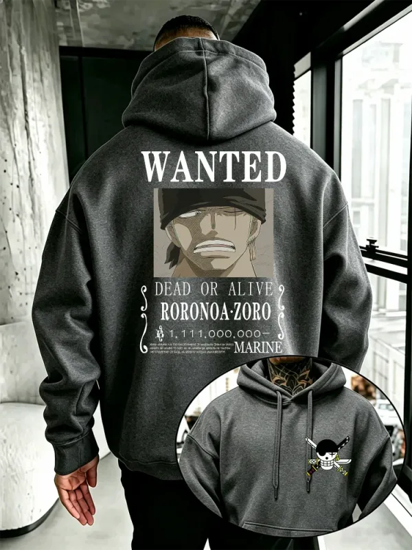Bandai-Sudadera con capucha de una pieza para hombre, Jersey cálido de alta calidad para otoño e invierno, con estampado de póster de Se busca Zoro, estilo informal