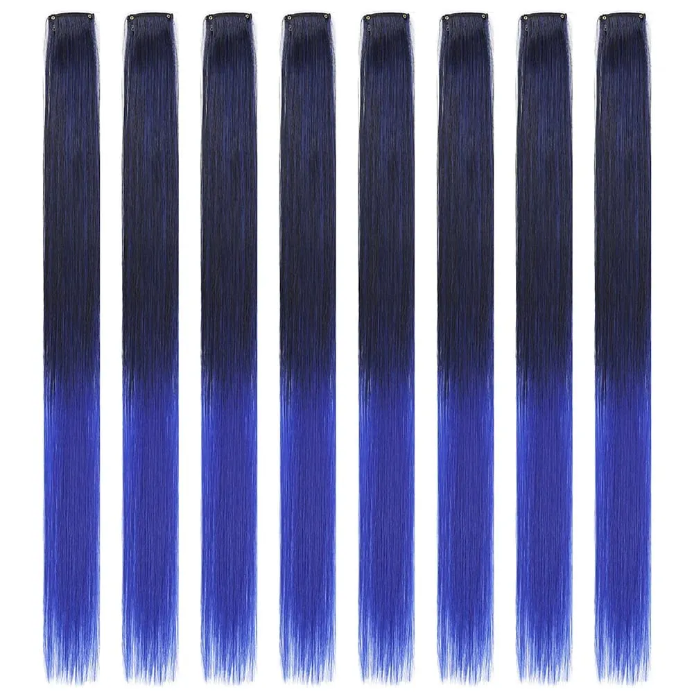 8pcs/pack Colored Party Highlights Clip in Hair Extensions for Girls 22 inches Multi-colors Straight Hair Synthetic Hairpieces