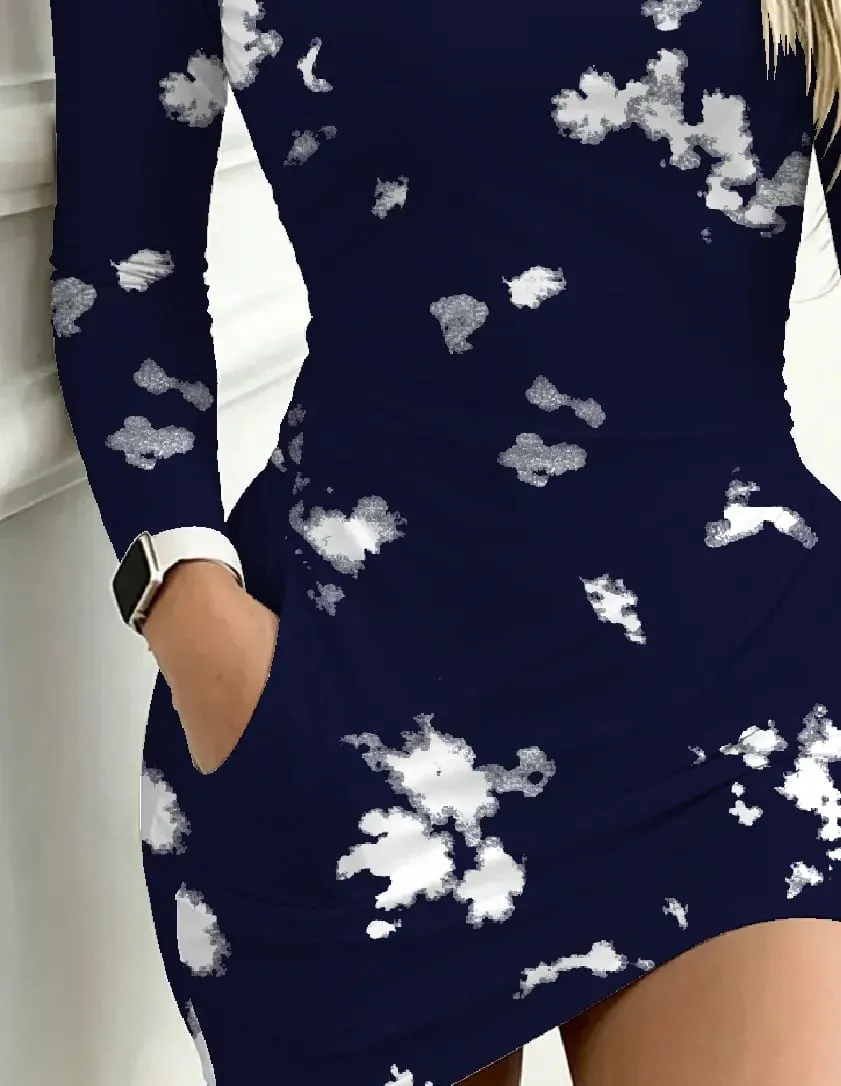 Autumn Casual Elegant Women's round Neck Long Sleeve Dress with White Printed Pocket Waist Cinching Mini Skirt Length