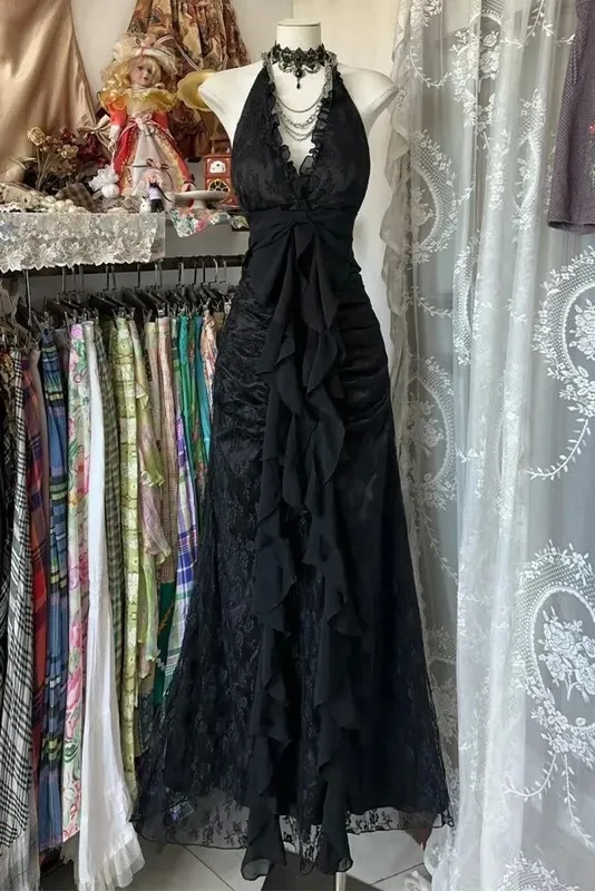 Zomer Gothic Grunge Y2k Kanten Jurk Vrouwen Donkere Academia Sexy Slanke Feestjurken Koreaanse Fashion Design Festival Lange Prom Jurk