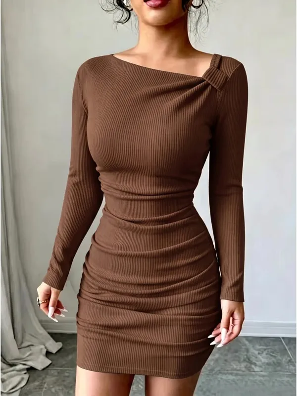Women's Autumn Casual Elegant Solid Color Dress Mini Skirt Length Long Sleeved Pit Stripe Slanted Collar Fashion