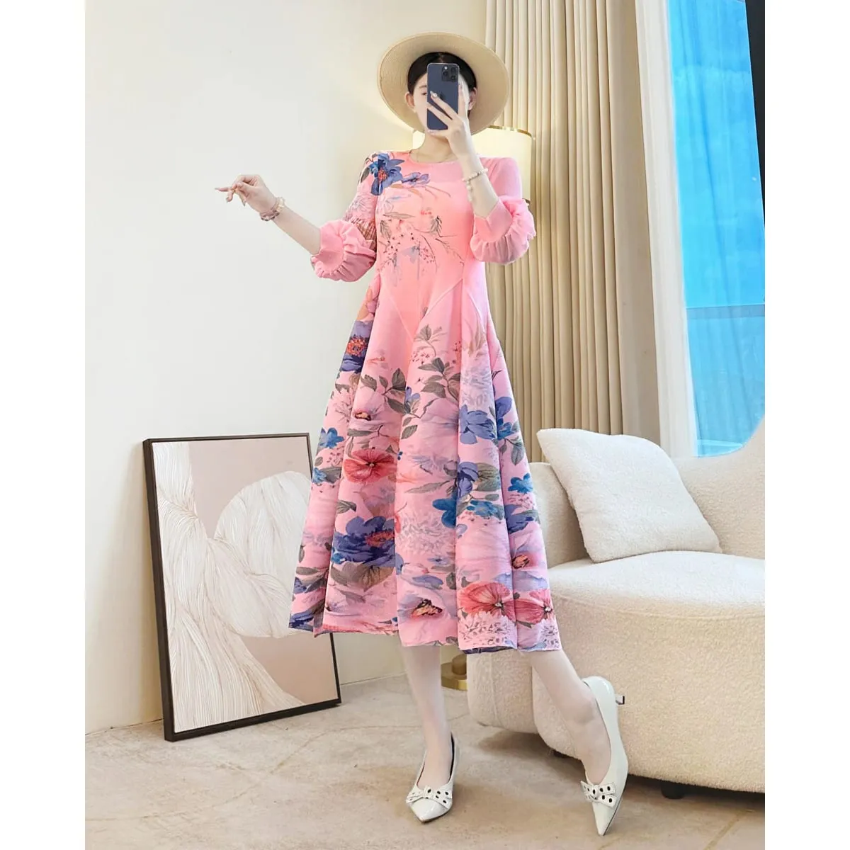 Miyake Elegante Pflanze Blumen Druck Plissee frauen Kleid Chic Neue Runde Kragen Laterne Hülse Elastische Lose Casual Kleider