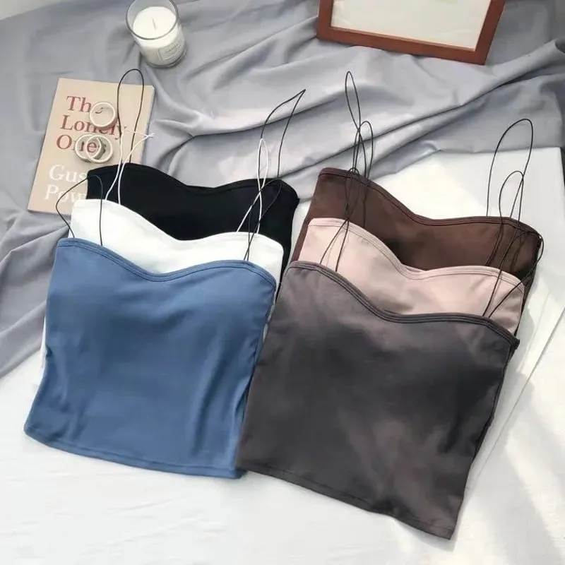Atasan Vest Musim Panas Wanita Tanpa Lengan Kapas Atas Tiub Berbalut Tapak Rompi Atasan dengan Pad Payudara Atasan Anjal Lembut Yang Boleh Ditanggalkan Lancar