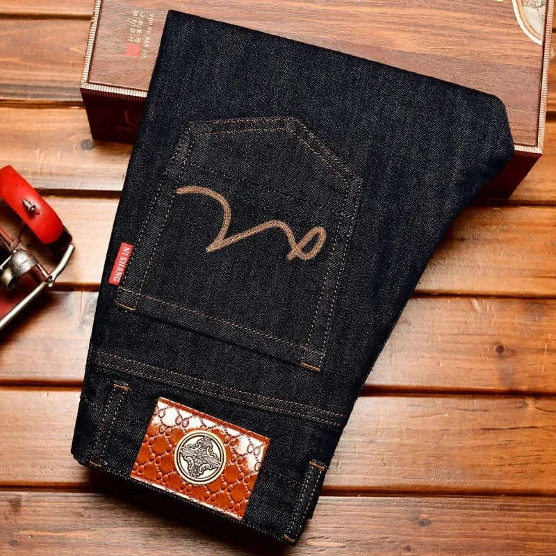 Deep blue jeans men's 2025 autumn fashion stretch slim fit fit Japanese style street trend embroidered small leg pants
