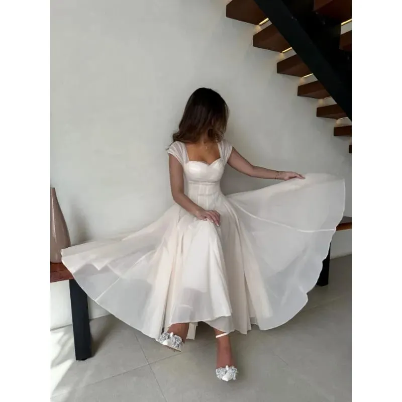 Women's Elegant Tulle Formal Dress Summer Sexy Square Neck Corset Waist A-Line Tea-Length Gown for Wedding Cocktail Party