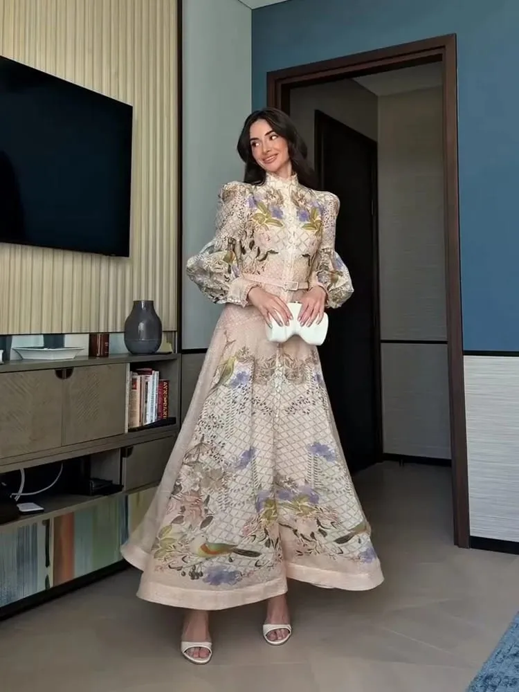 Lace Printed Women's Dress Elegant Half High Collar Loose Sleeve Single Breasted Belt Female Skirt 2026 Summer Lady Draped Robe