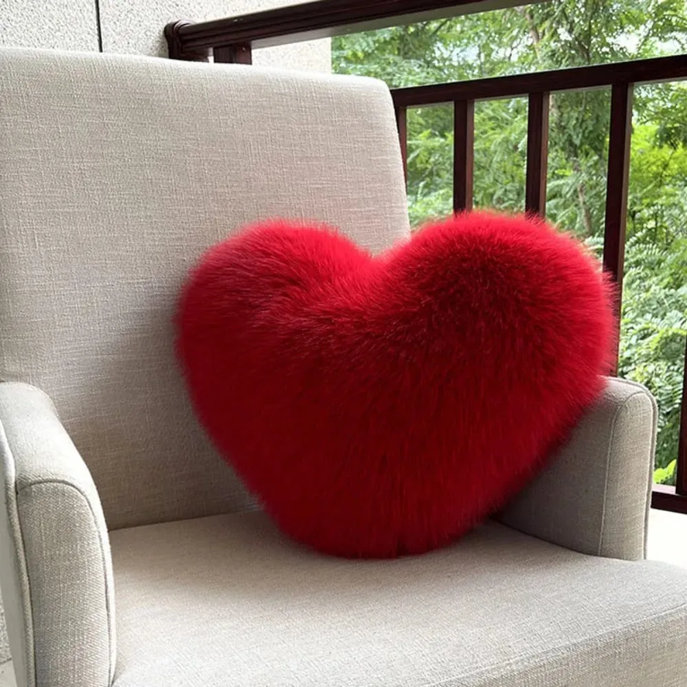New Fur Heart Pillow Pink Color Love Heart Shaped Soft Pillow PP Cotton Fluffy Stuffed Pillow for Birthday