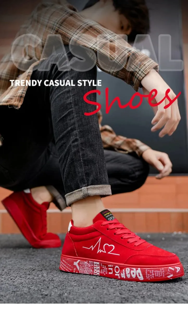 Men'S Black Suede Casual Sneakers With Red Heartbeat Embroidery Low Top Lace Up Skate Shoes Comfortable Versatile Footwear