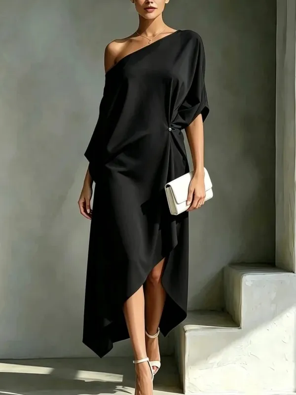 Elegant Off Shoulder Half Sleeve Dress Women Summer Batwing Sleeves Irregular Button Design Vintage Casual Holiday Beach Dresses