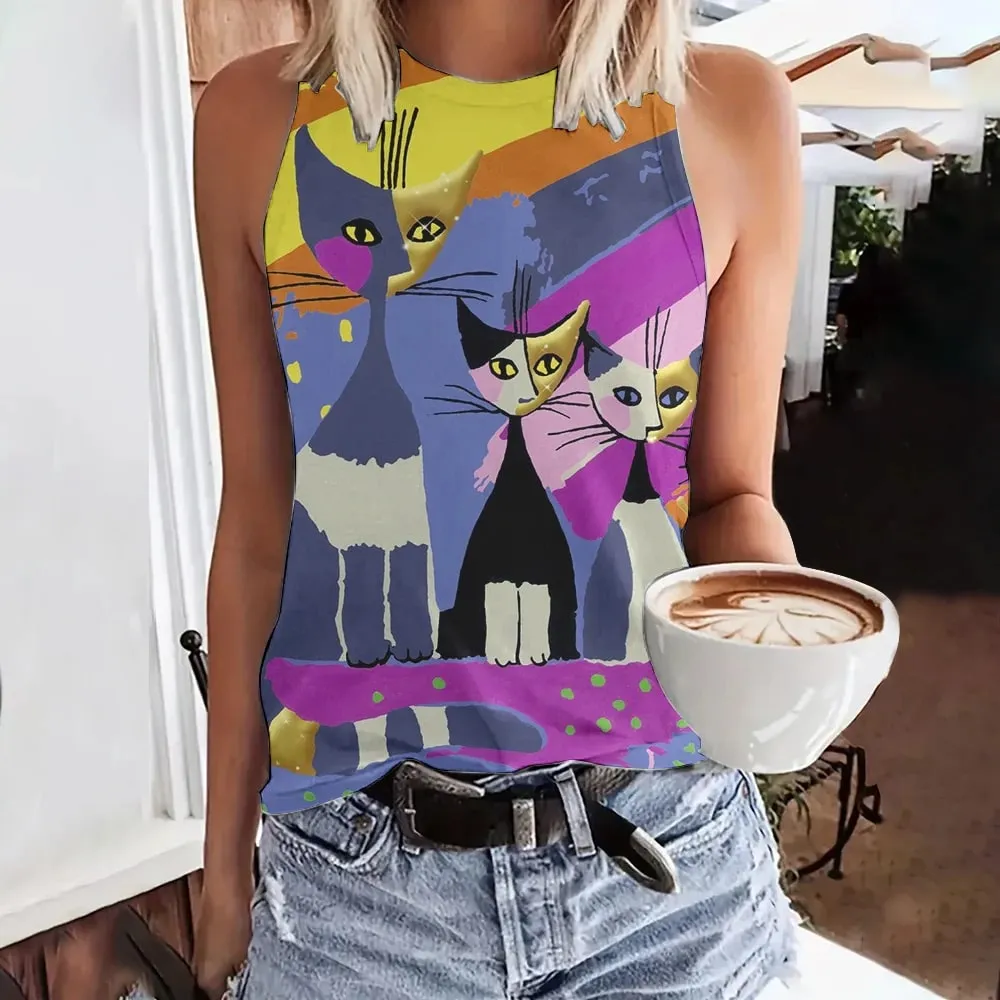 Débardeur d'été imprimé visage drôle de chat en 3D pour femmes, Streetwear à la mode, surdimensionné, col rond, gilet, épaules dénudées, sans manches, Camisole