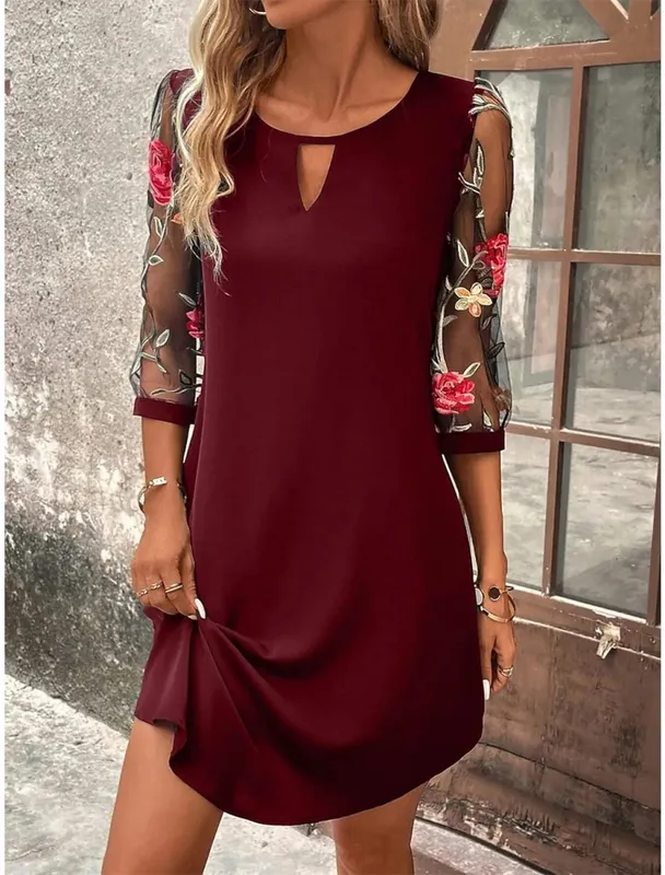 2026 Women's Summer Dresses Trendy Lace Splice Embroidery Mesh Mini Dress Three Quarter Sleeve Round Neck Casual Dress for Women
