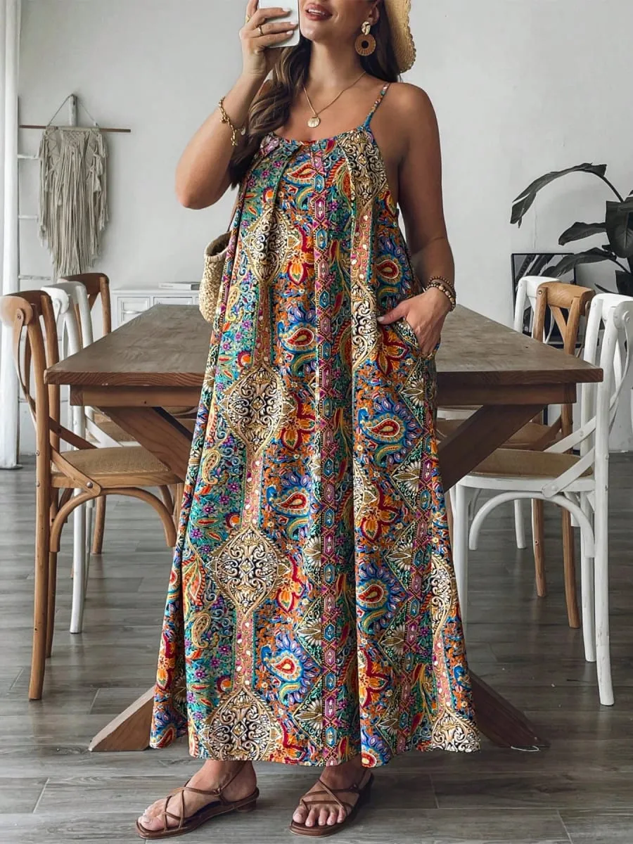 2026 Summer Women Bohemian Paisley Print Spaghetti Strap Maxi Dress Loose Flowy Pocket Long Dress Vintage Ethnic Beach Vacation