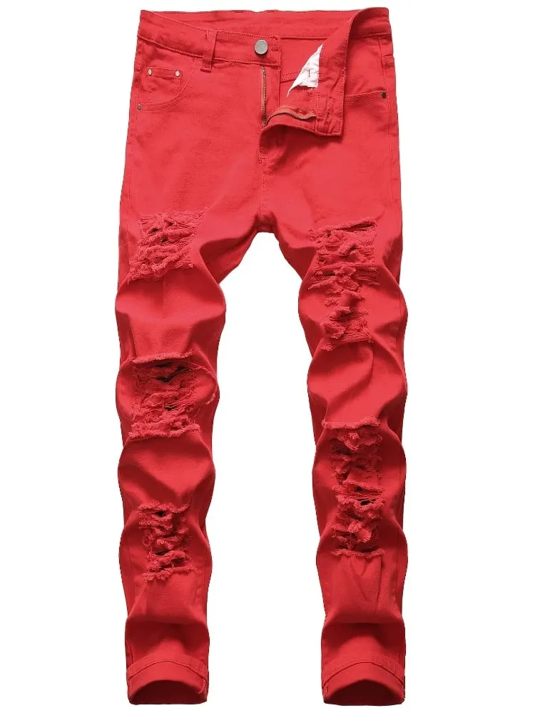 New Men Ripped Jeans Red Hip Hop Holes Slim Denim Pants Punk Streetwear Versatile Stretch Wash Solid Casual Slim Pencil Trousers