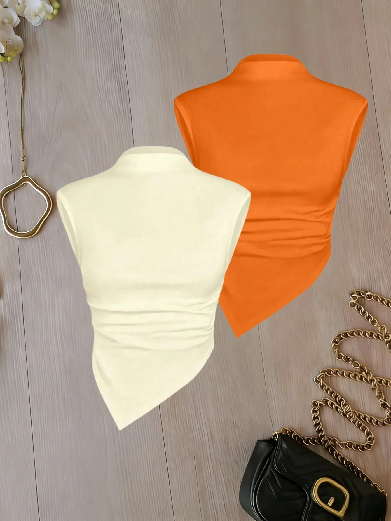 Women Mock Neck Sleeveless Ruched Asymmetrical Hem Crop Top 2 Pack Solid Color Cami Top Set